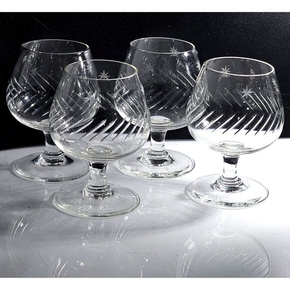 4 Etched Stars & Bars Brandy Glasses 3.5" small MCM slashes star 2-3oz liquor - Picture 4 of 5